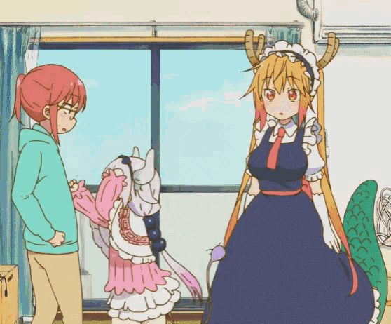 a group of anime characters are standing in a living room