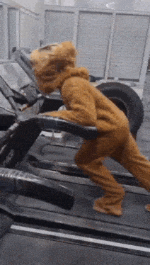 a person wearing a teddy bear costume is running on a treadmill