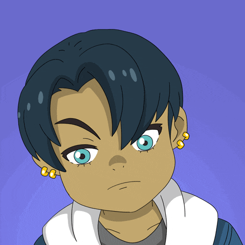 a cartoon drawing of a young boy with blue eyes