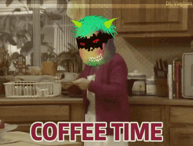 a cartoon of a woman in a kitchen with the words coffee time