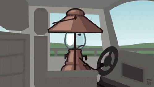 a cartoon drawing of a lantern in the driver 's seat of a car