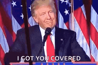 donald trump is giving a speech at a podium in front of an american flag and says `` i got you covered '' .