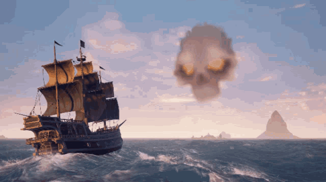 a ship in the ocean with a skull in the sky