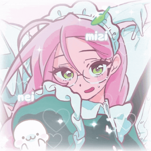 a drawing of a girl with pink hair and green eyes and the name mizi