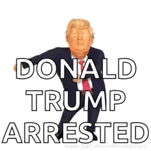 donald trump has been arrested and is standing in front of a white background .