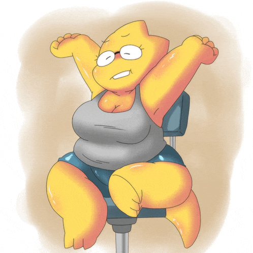 a yellow cartoon character is sitting on a chair with his arms outstretched