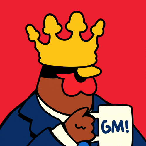 a cartoon of a man with a crown on his head drinking from a cup that says gm