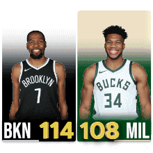 two basketball players from the brooklyn nets and the bucks are standing next to each other