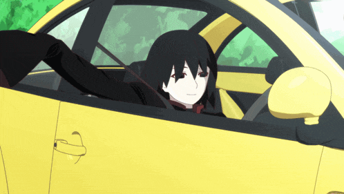 a cartoon character is sitting in a yellow car and smiling