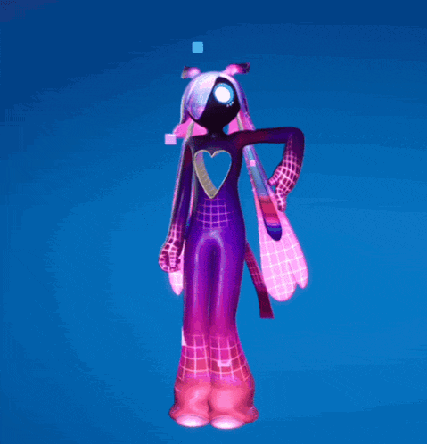 a purple and pink animated character is dancing on a blue background