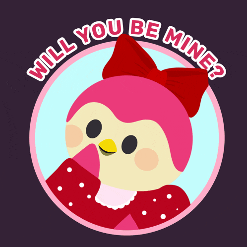 a penguin with a red bow and the words will you be mine below it