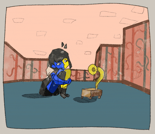 a drawing of a person kneeling down next to a phonograph