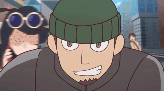 a cartoon of a man wearing a green hat and sunglasses