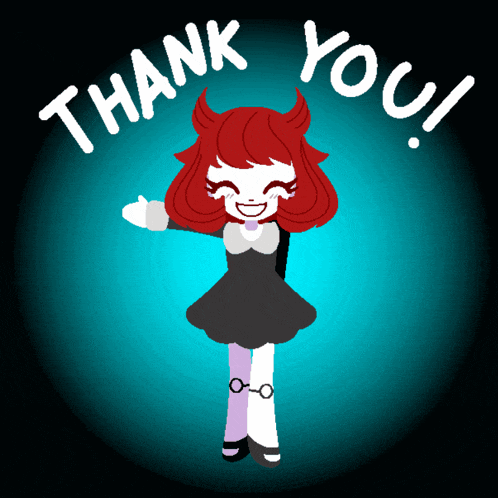 a cartoon of a girl with red hair and horns says thank you