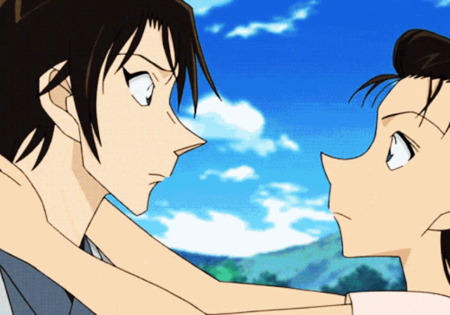 a couple of cartoon characters looking at each other with a blue sky in the background