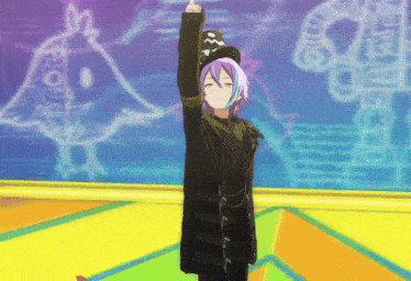 a girl with purple hair and a black hat stands in front of a drawing of a bird with the letter m on it