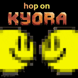 a poster that says ' hop on kyora ' on top of a black background