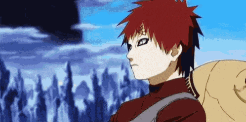 a cartoon character with red hair is standing in front of a forest and a blue sky .