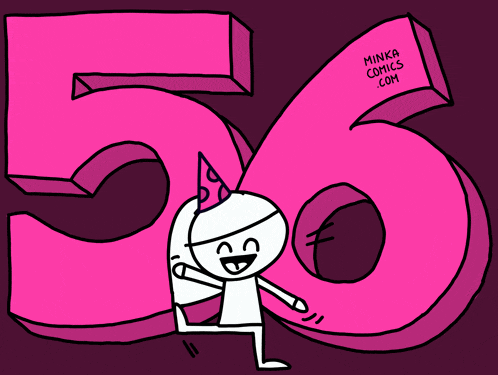 a cartoon character is standing in front of a pink number 56