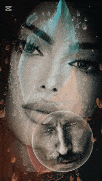 a painting of a woman 's face and a man 's face with a bubble in the middle