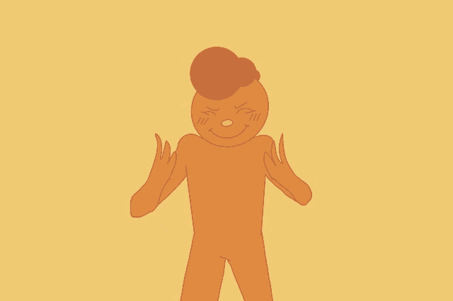a cartoon drawing of a gingerbread man with his arms outstretched on a yellow background