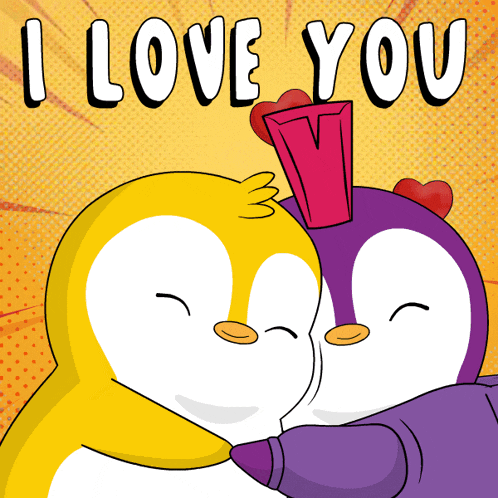 a cartoon of two penguins hugging with the words i love you behind them