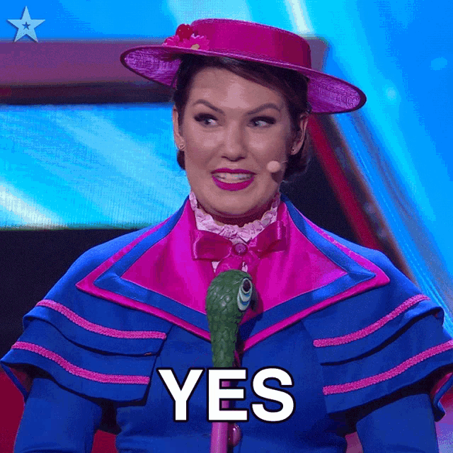 a woman in a costume with a cane and the word yes behind her