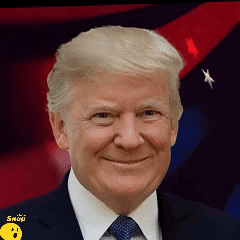 a man in a suit and tie smiles in front of a flag