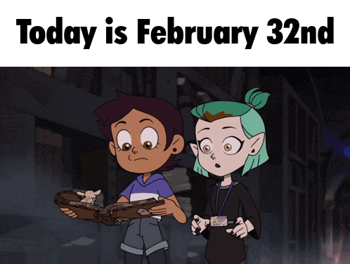 two cartoon characters standing next to each other with the date february 32nd