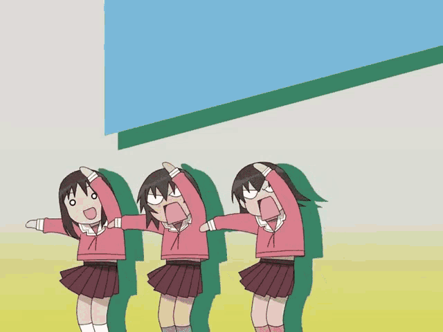 three anime girls are standing next to each other with their arms up
