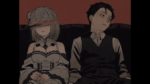 a man and a woman are sitting on a couch with their eyes closed