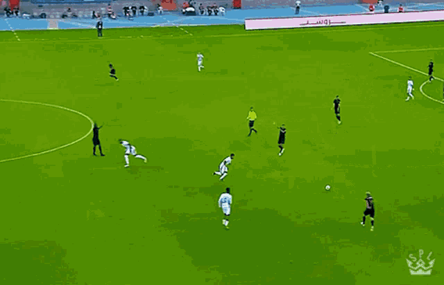 soccer players on a field with a crown on the corner