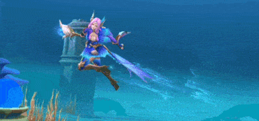 a woman in a purple dress is holding a staff in the water .