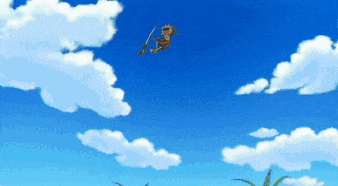 a cartoon character is flying through a blue sky with clouds