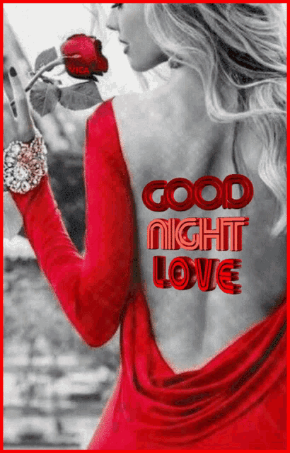 a woman in a red dress is holding a red rose with the words good night love written on her back