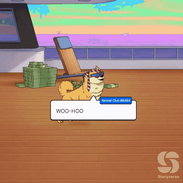 a dog wearing sunglasses and a tie says woo-hoo in a video game