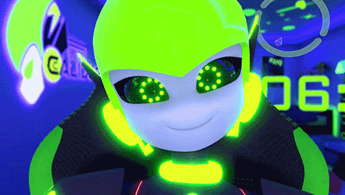 a cartoon character with glowing green eyes is standing in front of a sign that says 06