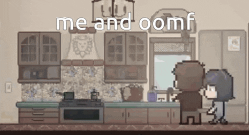 a pixel art illustration of a kitchen with a man and a woman standing in it .
