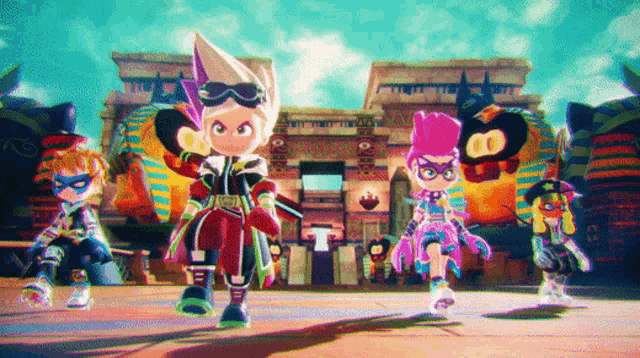 a group of cartoon characters are standing in front of a building that has the letter t on it