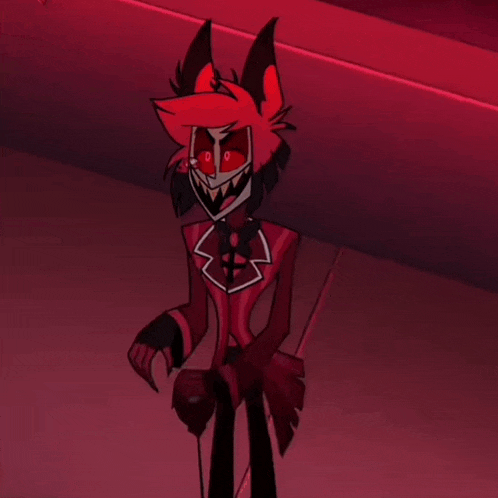 a cartoon character with red eyes and red hair is pointing at something