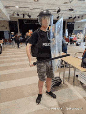 a man in a police uniform is holding a bat and a shield