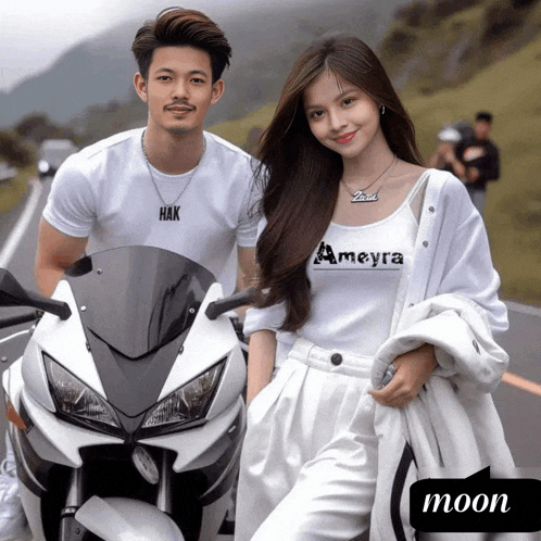 a man and a woman are standing next to a motorcycle and the woman is wearing a tank top that says ameyra