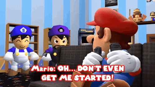 a cartoon of mario saying " oh don 't even get me started " while holding a gun