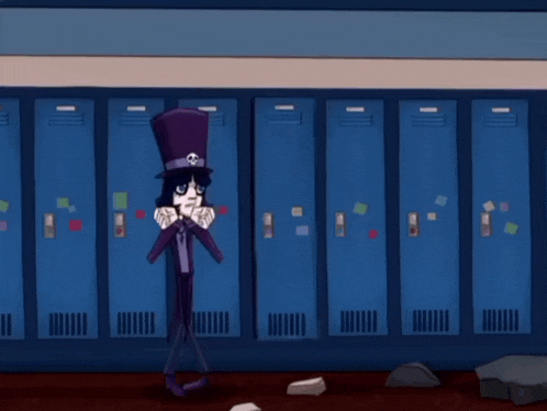 a cartoon character in a top hat is standing in front of a row of blue lockers