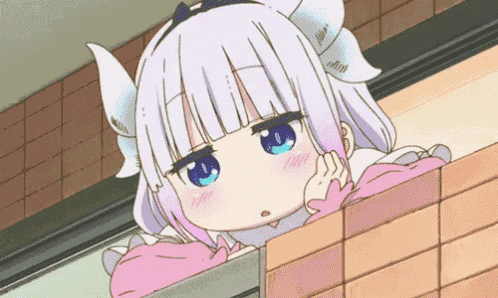 a cartoon girl with horns and blue eyes is looking out of a window .