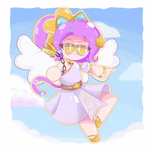 a drawing of a girl with purple hair and a white dress
