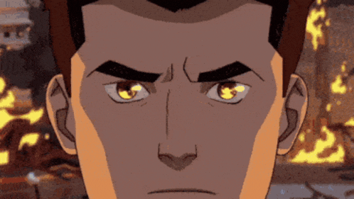 a close up of a cartoon man 's face with a fire in the background
