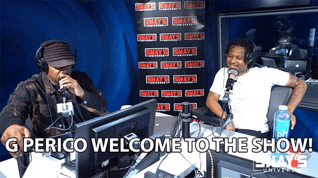 two men in a radio studio with the words " perico welcome to the show " on the bottom