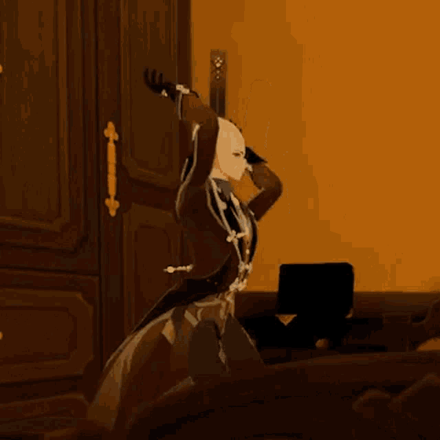 a cartoon character is standing in front of a wooden door in a room .