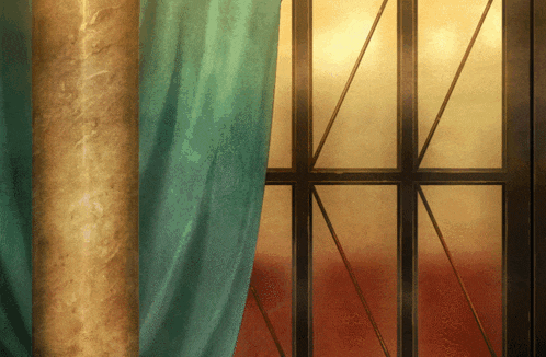a window with a green curtain and a gold pillar in the background